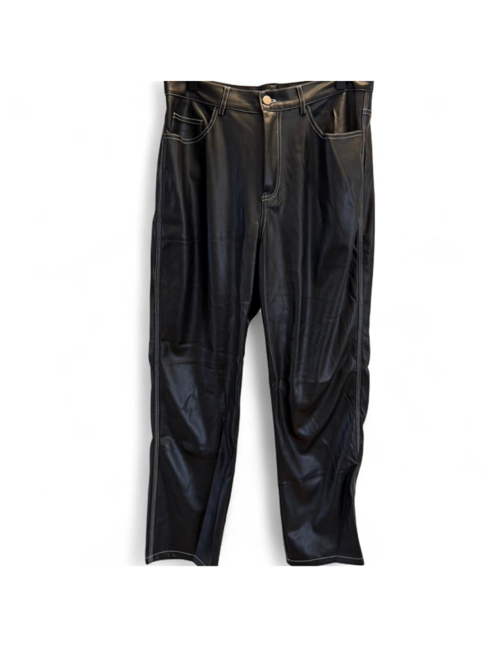 Silence + Noise black leather pants with white stitching